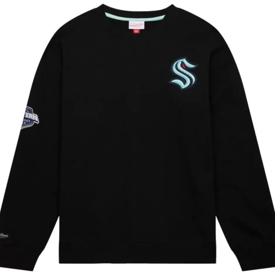 Men Mitchell & Ness Hoodies & Sweatshirts-Team First Satin Fleece Crew Current Logo Seattle Kraken
