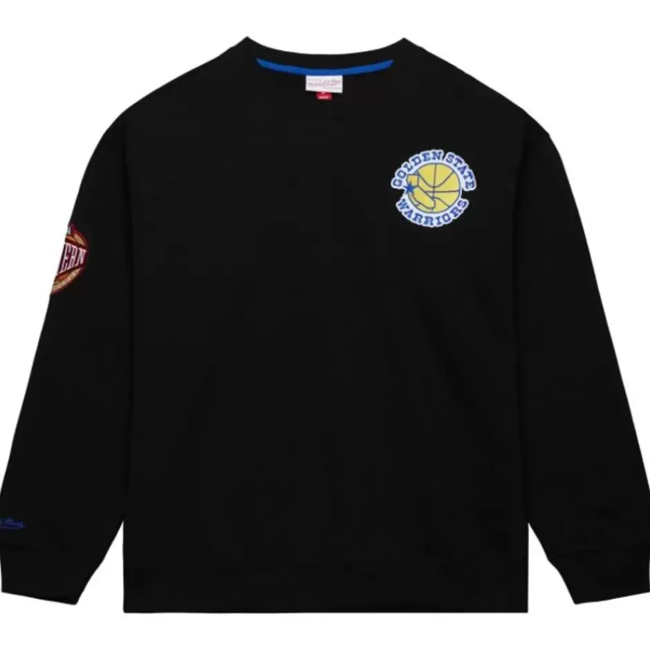 Men Mitchell & Ness Hoodies & Sweatshirts-Team First Satin Fleece Crew Golden State Warriors