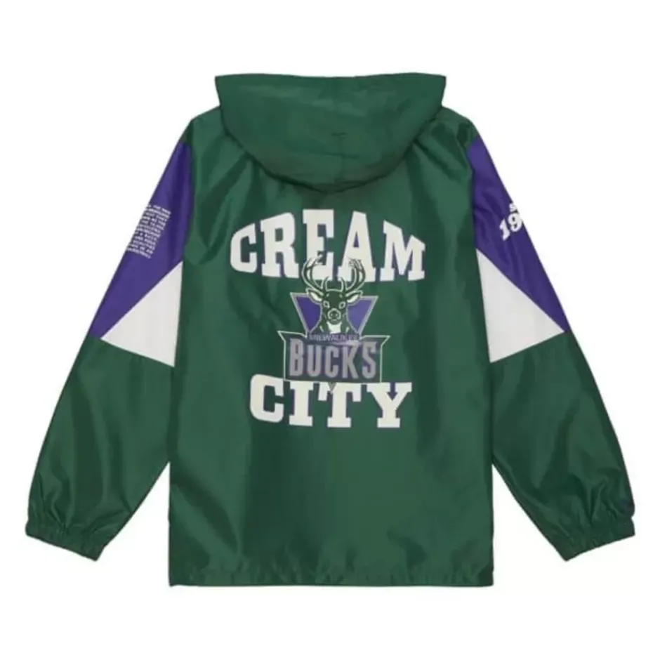 Men Mitchell & Ness Jackets & Outerwear-Team Origins Pullover Anorak Milwaukee Bucks