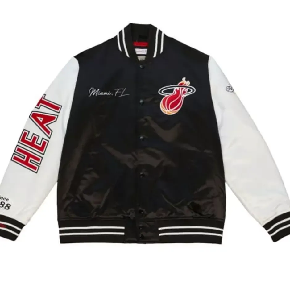 Men Mitchell & Ness Jackets & Outerwear-Team Origins Varsity Satin Jacket Miami Heat