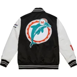 Men Mitchell & Ness Jackets & Outerwear-Team Origins Varsity Satin Jacket Miami Dolphins