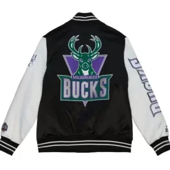 Men Mitchell & Ness Jackets & Outerwear-Team Origins Varsity Satin Jacket Milwaukee Bucks