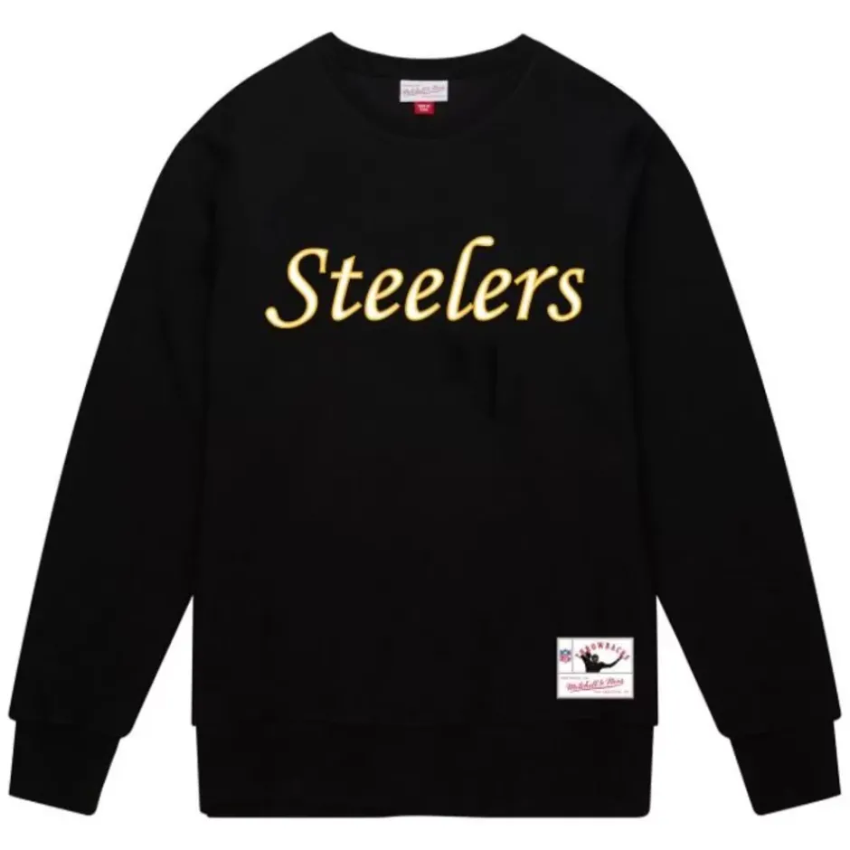 Men Mitchell & Ness Hoodies & Sweatshirts-Team Wordmark 1 Crew Pittsburgh Steelers