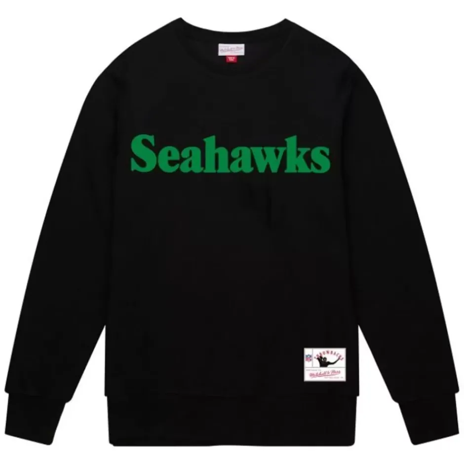 Men Mitchell & Ness Hoodies & Sweatshirts-Team Wordmark 1 Crew Seattle Seahawks