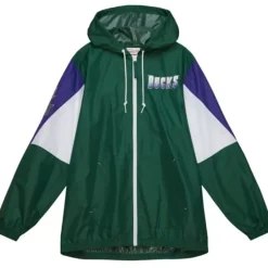 Men Mitchell & Ness Jackets & Outerwear-Throw It Back Full Zip Windbreaker Milwaukee Bucks