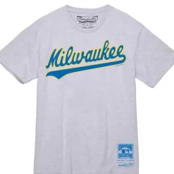 Men Mitchell & Ness T-Shirts & Tops-Wordmark 1 Tee Milwaukee Brewers